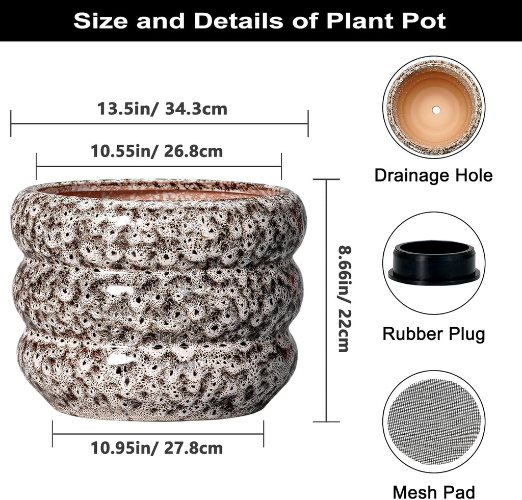 SQOWL Ceramic Flower Pots - 13.5 Inch Plant Pot with Drainage Hole, Large Ceramic Planter for Indoor Plants, Round Modern Planter Outdoor, Porch Home House Decor, Plant Lover Gifts, White