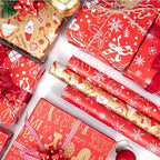 Christmas Gift Wrapping Paper Rolls,3 Rolls 17inches x 198inches Reversible Gift Wrapping Paper, Red Gold White Wrapping Paper, Snowflakes, Stripes, Plaid, Santa hat, Christmas decorations