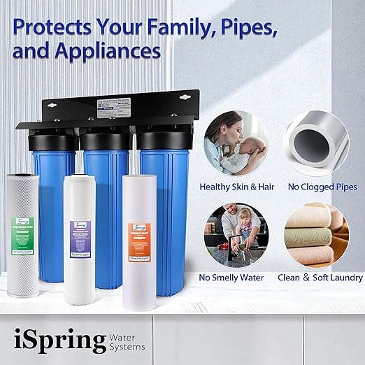 iSpring Anti-Scale Whole House Water Filter System w/Sediment, Polyphosphate, and Carbon Block Water Filters, 3-Stage Water Descaler and Water Filter, Model: WGB32B-DS