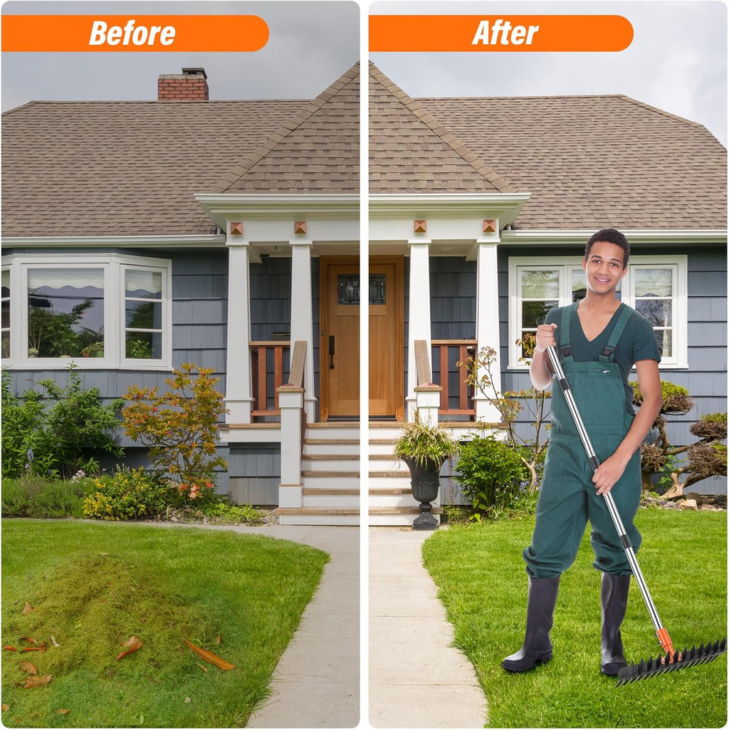 Garden Thatch Rake for Lawn, Heavy Duty Metal Thatching rake with Strong Handle, Wide 15inch Iron Dethatcher Rakes for Yard Leaf & Weed Clean, Soil Loose, Grass Groom