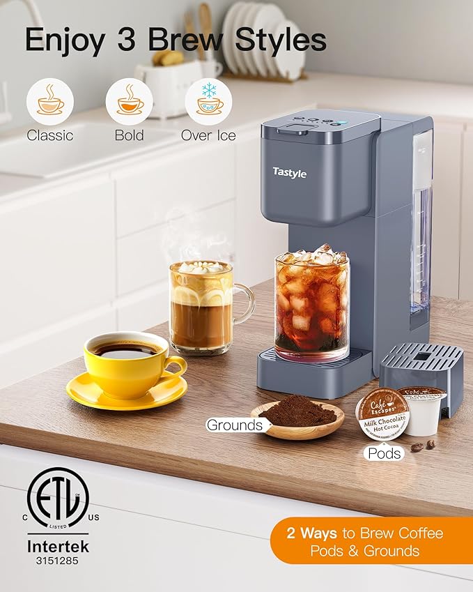 Single Serve Hot & Iced Coffee Maker with Strong Brew, 40oz Removable Reservoir, 6 Brew Sizes, Compatible with K Cup and Grounds, Compact for Home, Office, RV and Dorm, Gray (2.0 Version)