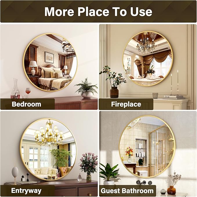 32 Inch Round Gold Metal Wall Mirror - Stylish Circle Mirror for Entryway, Bathroom, and Living Room Decor | Matte Gold Circle Wall Mirror