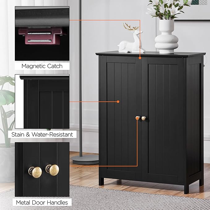 Yaheetech Bathroom Floor Cabinet, Modern Storage Freestanding Organizer Cabinet with Adjustable Shelves & Double Doors, 3-Tier Home Living Room Furniture, Black