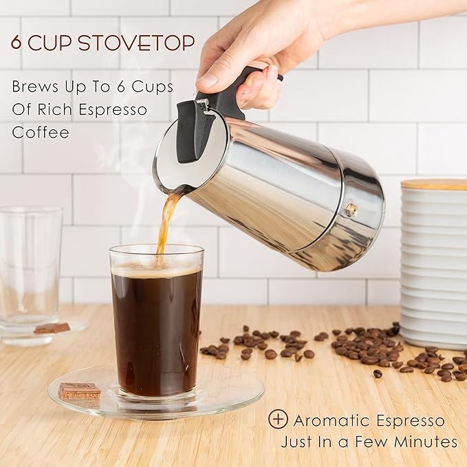 Mixpresso 6 Cup Greca Stovetop Espresso Pot 300ml/10oz, Moka Pot with Coffee Percolator Design, Stainless Steel Stove Top Coffee Maker for Camping or Home Use,Italian Stovetop Espresso Maker