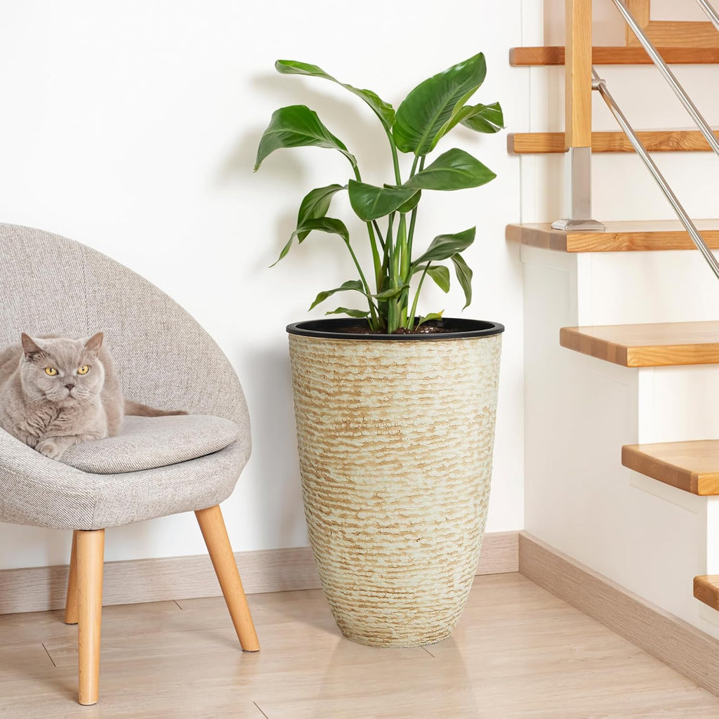 WORTH Garden 2-Pack 21" H. Beige Tall Planters with Inside Pots - 14'' Dia Plastic Large Round Plant Tree Pots - Decorative Imitation Stone Finish for Indoor Outdoor Front Porch Container Patio