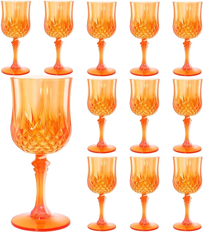 Plastic Wine Glasses，Plastic Goblets Vintage Style Cordial Drinking Glasses for Wedding Reception, Grand Event Party Supplies (12, Pumpkin orange)
