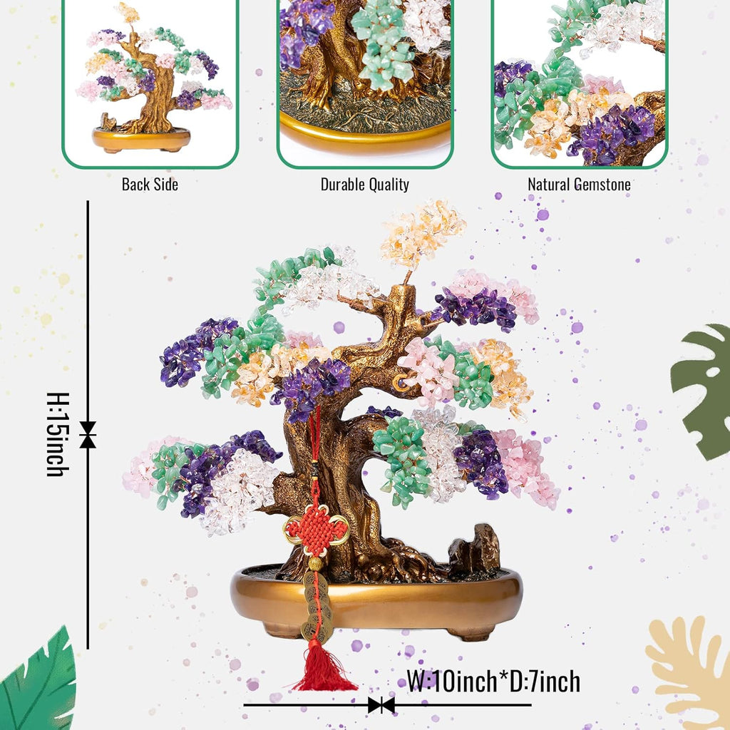 Natural Chakra Gemstone Crystal Bonsai Tree of Life Large Feng Shui Money Tree for Luck and Wealth Desk Decoration(1,251 Gem Count)