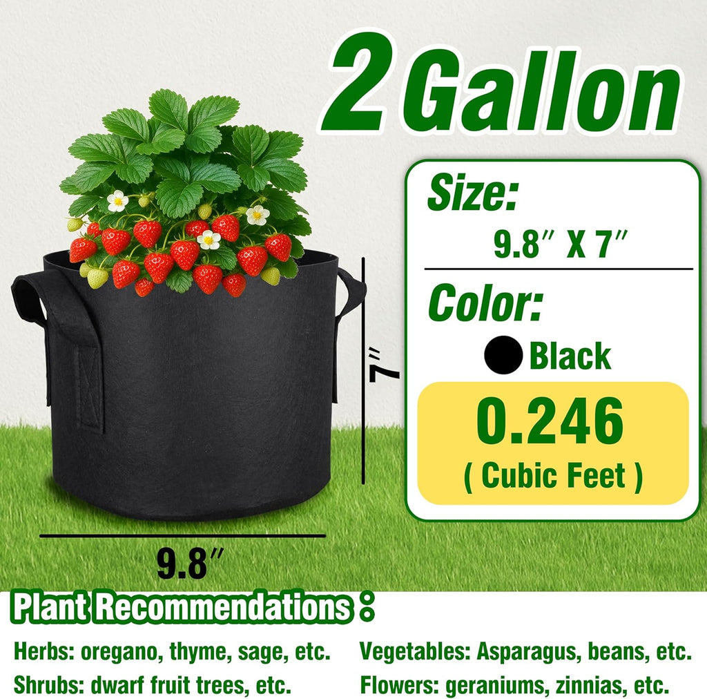 PHYEX 12-Pack 2 Gallon Grow Bags, Heavy Duty Fabric Pots with Handles, Reusable Plant Bags for Vegetable, Herbs & Flowers, BPA-Free, Breathable, Durable