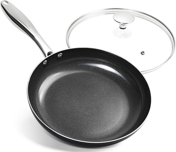 MICHELANGELO Ceramic Frying Pan - 10 Inch Frying Pan Nonstick with Lid, Non-Toxic Skillet with Stainless Steel Handle, Nonstick Skillet, Black