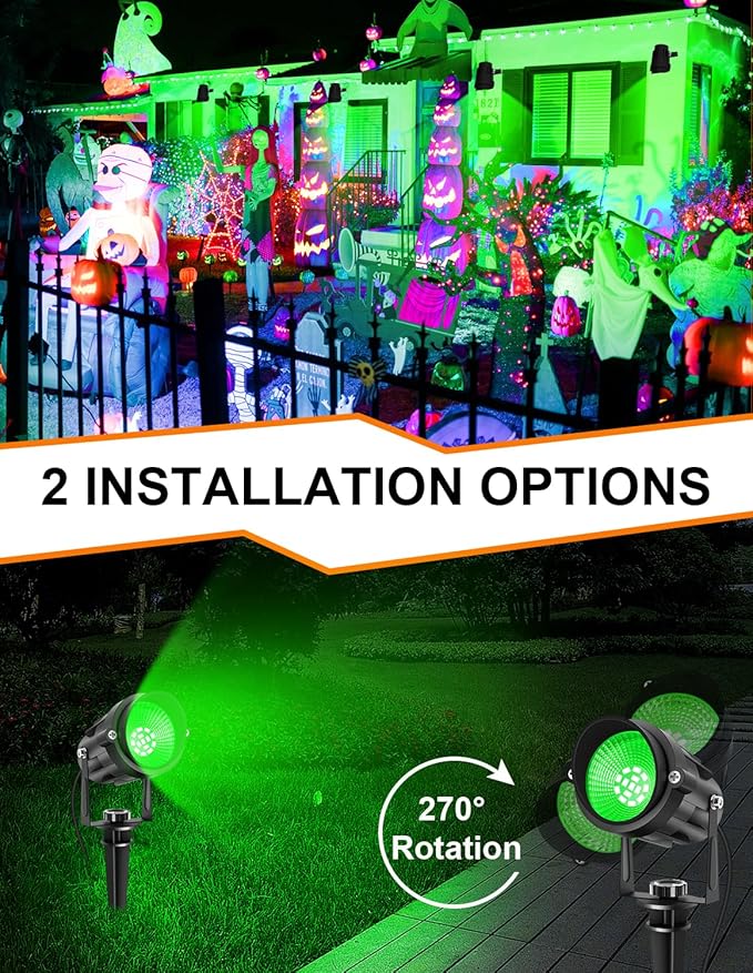 Halloween Green Landscape Lights Outdoor, 14 LED Landscape Lighting with US Plug, IP65 Waterproof Spotlights for Tree Yard Garden Pathway St. Patrick's Day Christmas Decor 4 Pack