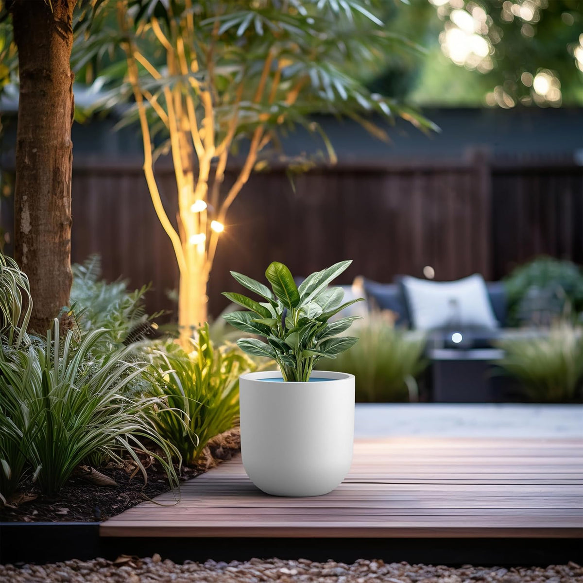 Kante 16.5" Round Concrete Planter, Large Cylinder Plant Pot with Curved Bottom and Drainage Hole, for Indoor and Outdoor Use – Garden or Patio, White Finish with Aqua Blue Interior