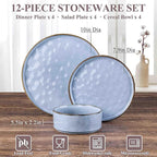 Herogo 12 Pieces Dinnerware Sets for 4, Ceramic Serving Dishes Sets, Stoneware Plates and Bowls for Kitchen Dinning, Dishwasher & Microwave Safe, Haze Blue