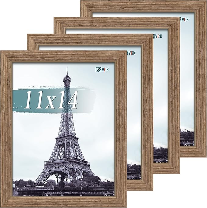 VCK 11x14 Picture Frame Set of 4 - Walnut, Gallery-Quality Wood Poster Frames, 1.1-Inch Wide Border, Polished Plexiglass, Vertical or Horizontal Wall Display for Photo/Art/Prints, Walnut
