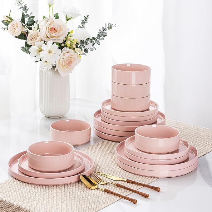 GBHOME Dinnerware Set for 6, 18 Piece Speckled Plates and Bowls Set with Glazed Bottom, Chip & Scratch Resistant Stoneware Plates Sets, Dishwasher & Microwave Safe Dishes (Pink, Service for 6)