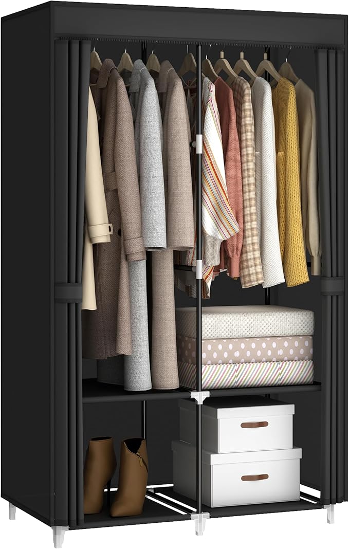 Portable Closet Wardrobe for Small Room, 35-Inch Clothing Organizer Storage Rack with 2 Clothes Hanging Rods and 4 Shelves, Non-Woven Fabric Cover, Black