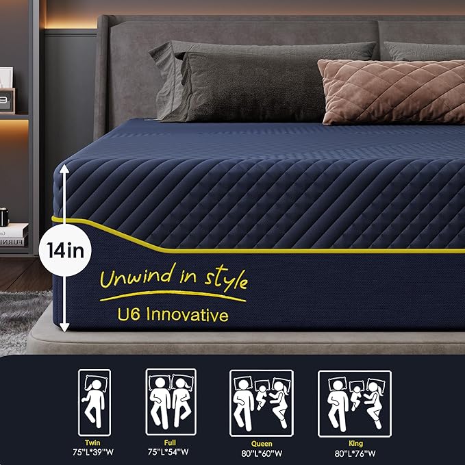 14 Inch King Mattress Memory Foam Medium with Green Tea Cooling Gel, CertiPUR-US Certified, Breathable & Supportive Mattress in a Box, Navy Blue