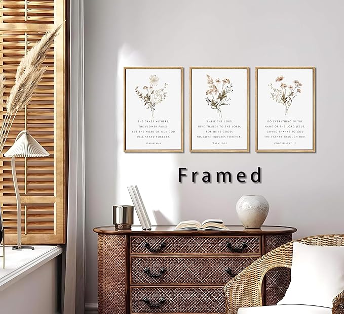 Framed Wildflower Bible Floral Canvas Wall Art Christian Verses Floral Paintings Pictures Decor Botanical Scripture Room Posters Prints for Bedroom Living Room Office Christian Scene Home Decorate