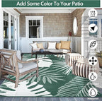 Waterproof Outdoor Rug 8x10 ft, Reversible Plastic Straw Mat with Leaf Pattern, Large Floor Mat for Patio, Camping, Picnic, Backyard RV, Deck, Dark Green