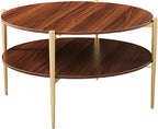 Shrine Round Glass Coffee Table, Mid-Century Modern Design, D30 x H17 in, Two-Tier Round Table with Walnut MDF Shelves, Sleek Conical Metal Legs with Gold Finish