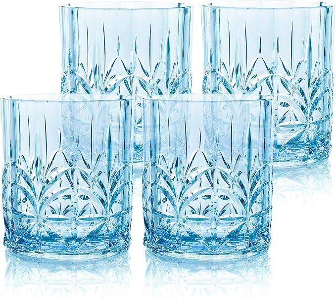 BELLAFORTE Shatterproof Tritan Plastic Short Tumbler, Set of 4, 13oz - Myrtle Beach Unbreakable Crystal Cut Old Fashioned Drinking Glasses for Whiskey - BPA Free - Dishwasher Safe - Blue