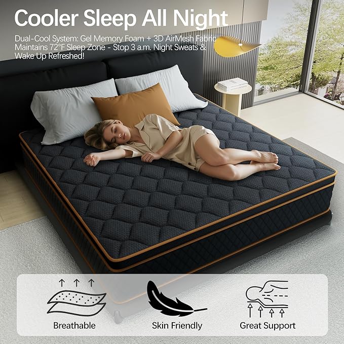 Twin Mattress- 12 Inch Hybrid Firm Support with Pocketed Coils & Cooling Gel Memory Foam | Orthopedic Back Pain Relief | Breathable | Twin Size Mattresses in a Box