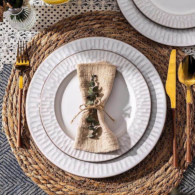 GBHOME Ceramic Dinnerware Sets,18 pcs Embossed Elegant Stoneware Plates and Bowls Sets, Housewarming Wedding Gift | Dishwasher & Microwave Safe | Dishes Set Service for 6