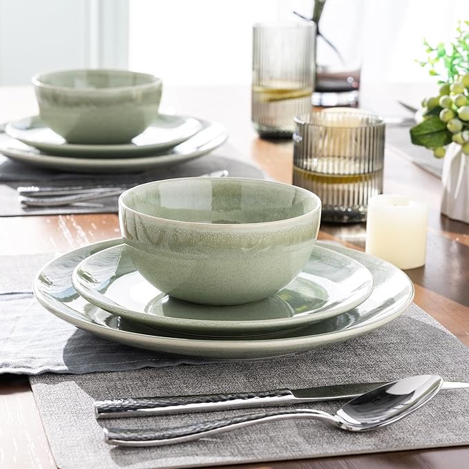 AmorArc Ceramic Dinnerware Sets for 8, 24 Pieces Handpainted Plates and Bowls Set, Scratch Resistant Stoneware Dishes Set, Dishwasher & Microwave Safe, Olive Green