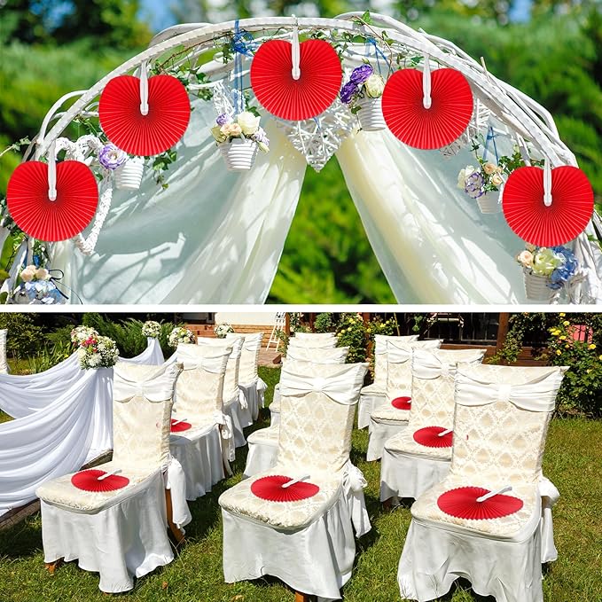 Handepo 200 Pieces Wedding Fans Folding Paper Fans Paper Fans Round Shaped Folding Fans Handheld Fan with Plastic Handle for Wedding Celebration Birthday Party Favor (Red)
