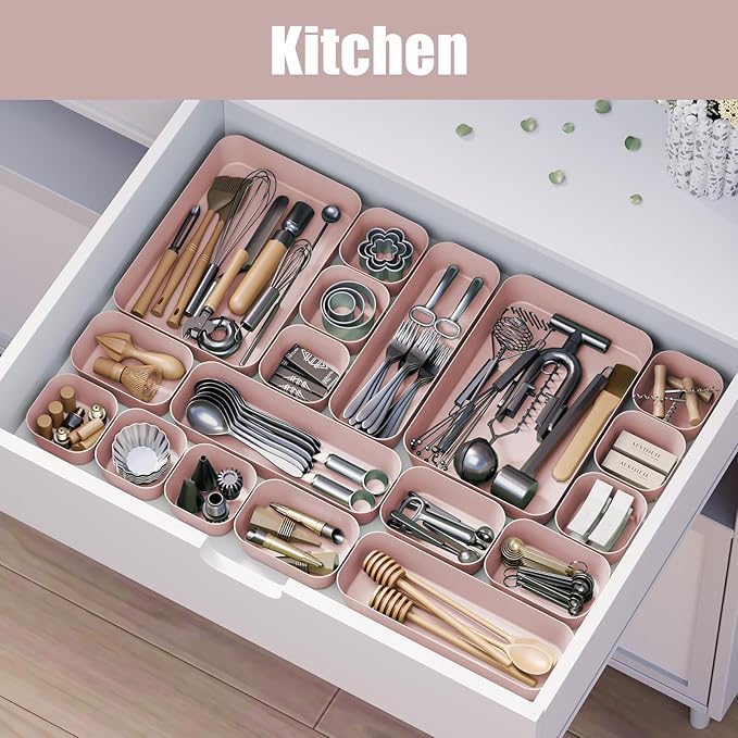 Plastic Drawer Organizers, 18 PCS Bathroom Drawer Organizer Bins, Desk and Vanity Organizer Plastic Tray, Makeup organizer and storage for Bedroom, Kitchen Gadgets Utensils and Office (Pink)