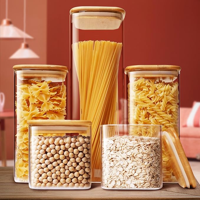 Square Glass Jars with Bamboo Lids [Muti Size Set of 5], Glass Canisters with Airtight Lids, Glass Food Storage Containers for Pasta, Cereal, Flour, Sugar, Best for Kitchen & Pantry