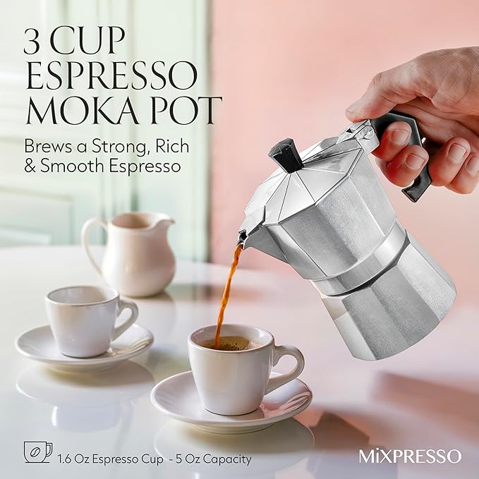 Mixpresso 3 Cup Moka Pot Cuban Coffee Maker, Moka Pot for Gas, Electric Stove Top, Classic Italian Coffee Maker, Stovetop Espresso Maker, Camping Pot Makes 3 Espresso Cup 5 Oz