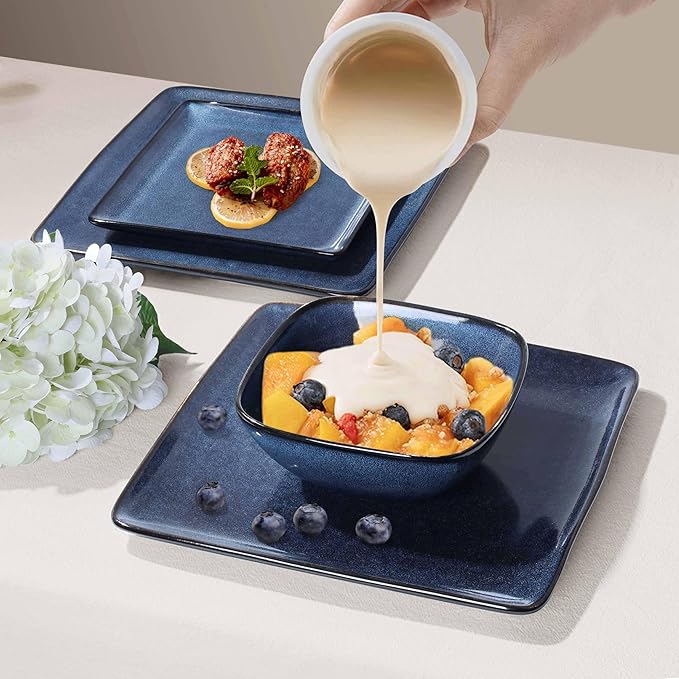Herogo 12 Pieces Square Stoneware Dinnerware Set, Service for 4, Dinner Plates and Bowls Sets, Double Reactive Glaze Dishes Set for Kitchen, Scratch Resistant, Dishwasher Safe, Starry Blue