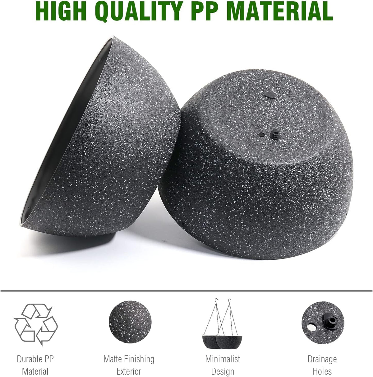 WOUSIWER 13 inch 2Pack Large Hanging Planters for Outdoor Indoor Plants with Drainage Holes and Chain, Round Hanging Flower Pots for Garden Home Porch Decor, Black Speckles