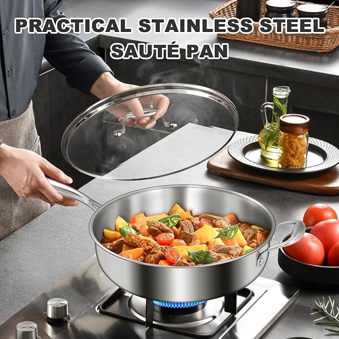EWFEN 12 Inch Tri-Ply Stainless Steel Frying Pan, 5-Quart Deep Saute Pan with lids, PFOA&PTFE Free Skillet, Induction Cooking Pan, Dishwasher&Oven Safe,Works on All Cooktops