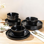 AmorArc Ceramic Dinnerware Sets for 4, Modern Flat Stoneware Plates and Bowls Sets,Chip and Crack Resistant Dishwasher & Microwave Safe Dishes Set,Scratch Resistant- Service for 4 -Matte Black (12pcs)