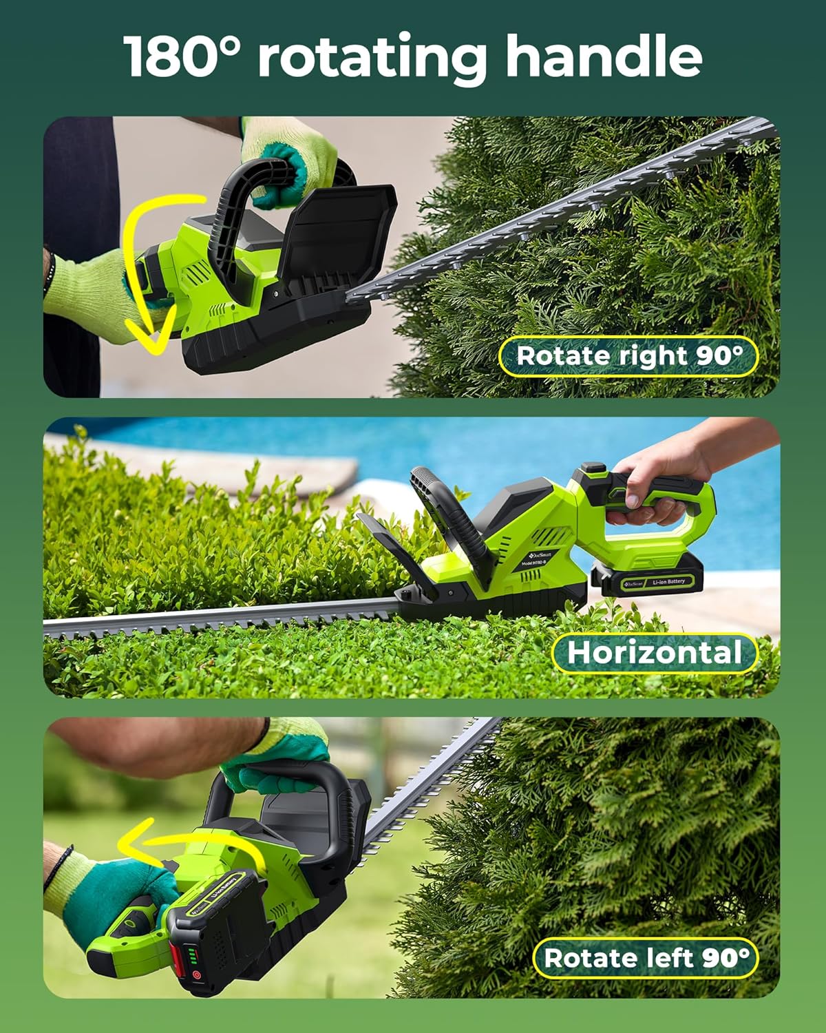 20'' Hedge Trimmer Cordless with Battery, 3000RPM Electric Handheld Bush Clipper with 2pcs 2000mAh Rechargeable Batteries, 180° Rotatable Head, 2/3'' Blade Gap Green