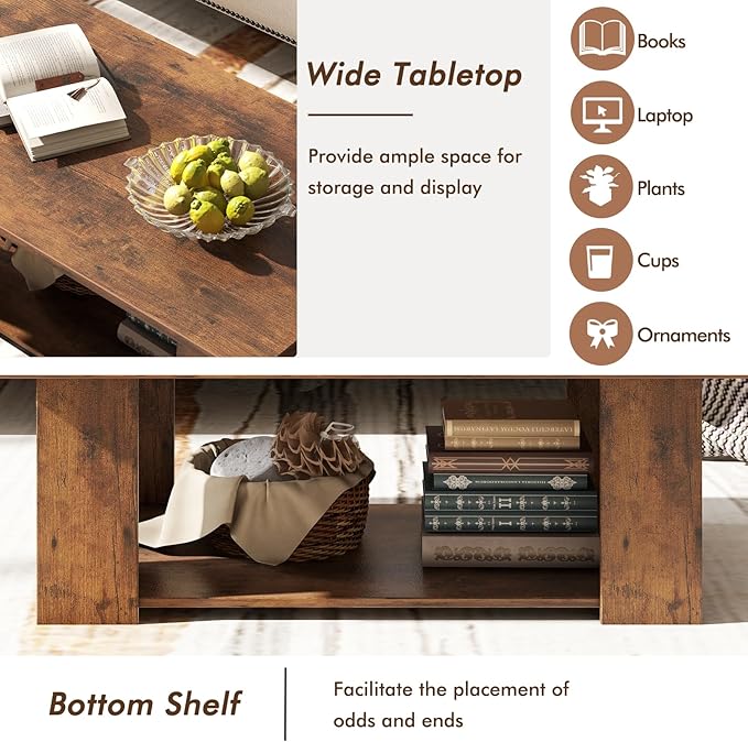 Tangkula 2-Tier Coffee Table, Modern Rectangular Center Cocktail Table with 5 Support Legs, Wooden Accent Living Room Furniture, Small Coffee Table for Small Spaces, Easy Assembly (Rustic Brown)