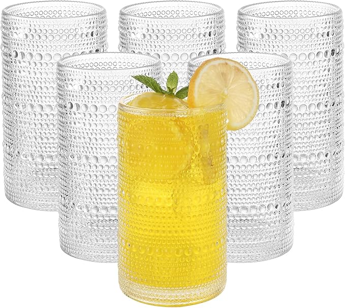 AkutaaVintage Hobnail Drinking Glasses Set of 6, 16 oz Large Capacity Embossed ClearTumblers, Highball Glasses for Water, Cocktail, Beer, Whiskey, Kitchen & Bar Use
