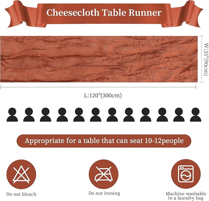 6 Pack Terracotta Cheesecloth Table Runner 10FT Long Boho Gauze Table Runner Rustic Sheer Runner for Wedding Bridal Baby Shower Birthday Party Table Decor Fall Thanksgiving Christmas Decorations
