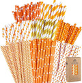 Cooraby 200 Pieces Thanksgiving Paper Straws Orange and Gold Assorted Paper Straws Biodegradable Drinking Straw Mix for Fall Leaf Autumn Wedding Supplies, 8 Style