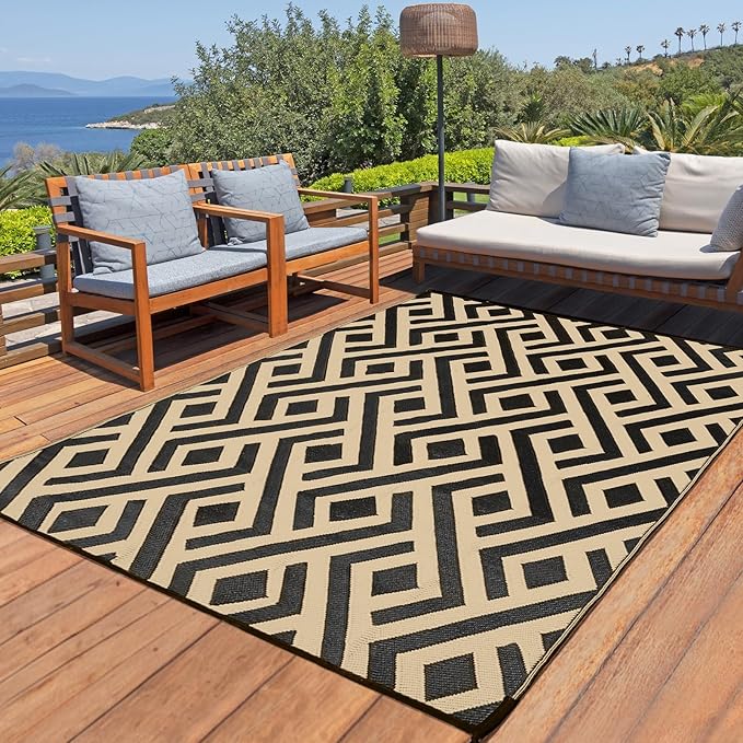 Terrug Outdoor Rug Waterproof 6x9 Ft, Foldable Outdoor Plastic Straw Rug, UV Reversible Patio Rug Decor, Outdoor Area Rug for Camping, RV, Porch, Deck, Backyard, Balcony, Picnic, Black & Beige