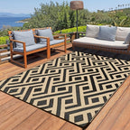 Terrug Outdoor Rug Waterproof 6x9 Ft, Foldable Outdoor Plastic Straw Rug, UV Reversible Patio Rug Decor, Outdoor Area Rug for Camping, RV, Porch, Deck, Backyard, Balcony, Picnic, Black & Beige