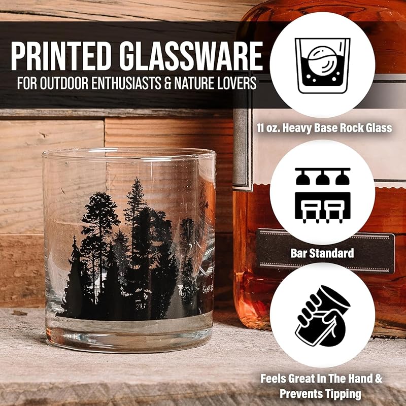 Cabin in the Forest Whiskey Glass Set by Black Lantern – Set of 2 11oz Old Fashioned Cocktail Glasses with Gift Box