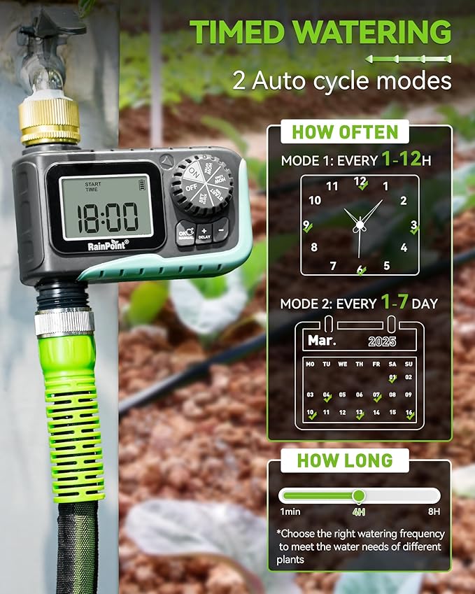 RAINPOINT Sprinkler Timer with Brass Swivel, Programmable Water Timer for Garden Hose with Rain Delay/Manual Watering, Digital Irrigation System Kit for Lawns, 1 Outlet