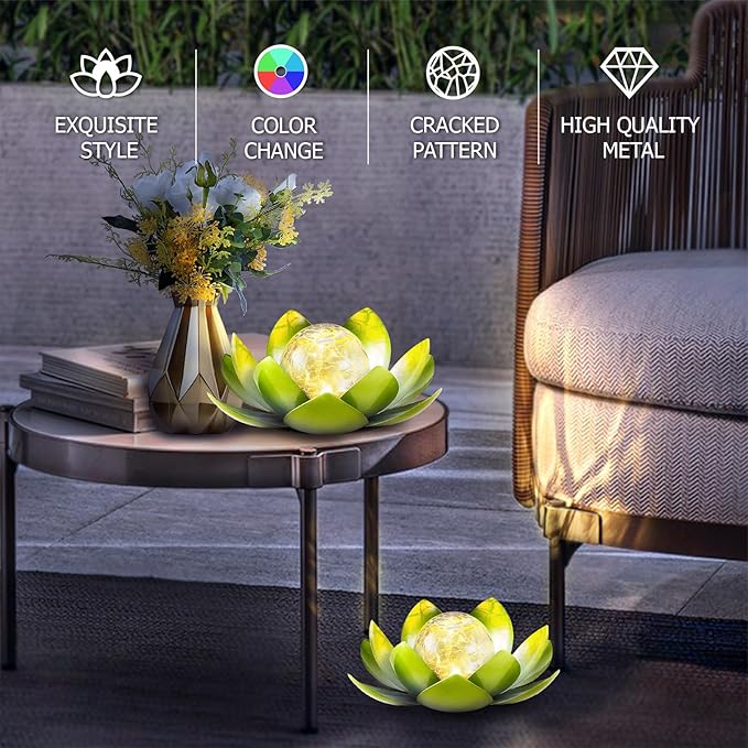 Huaxu Solar Lights Outdoor Garden Decoration Crackle Globe Glass Waterproof LED Metal Green Lotus Flowers Gift for Mom,Women,Patio,Lawn,Walkway,Tabletop,Ground