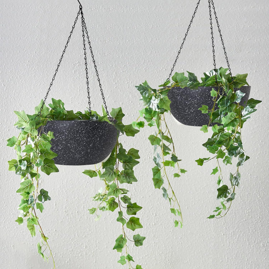 WOUSIWER 13 inch 2Pack Large Hanging Planters for Outdoor Indoor Plants with Drainage Holes and Chain, Round Hanging Flower Pots for Garden Home Porch Decor, Black Speckles