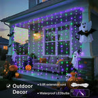 JMEXSUSS 300LED Halloween Curtain Lights with Remote, 9.8x9.8ft Halloween Lights Plug in, Christmas Twinkle Hanging String Light for Bedroom Wall Window Backdrop Indoor Outdoor Decor, Purple and Green