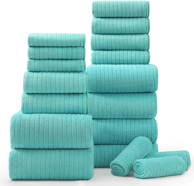 18 Piece Bath Towels Set,Ultra Soft Family Bathroom Towel Set with Hanging Loops-6 Bath Towels,6 Hand Towels,6 Washcloths,Highly Absorbent Quick Dry Shower Towel for Bathroom,Hotel,Spa-Teal Towel Set