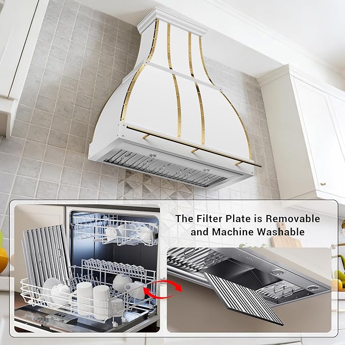 CHETTO C Stainless Steel Range Hood Cover with 4-Speed Vent Hood Insert Custom Handcrafted Metal Kitchen Fan with Towel Rack LED Light 36"W x21"D x54"H White Wall Mount