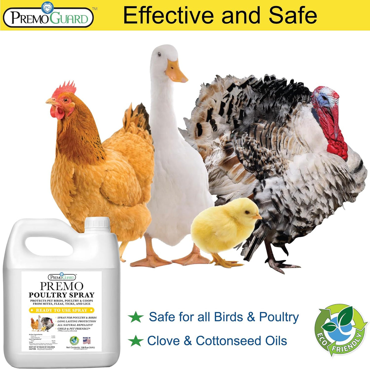 Premo Guard Poultry Spray - 128 oz - Kill Scaly Leg, Mites, Fleas, Lice, & Other Pest on Chickens and in Coops - Natural Plant Based Oils for Control, & Prevention - Family Safe with No Egg Withdrawl